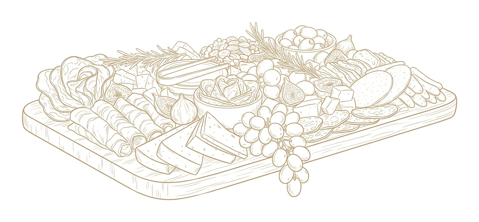 Line illustration of the full cheese and charcuterie board